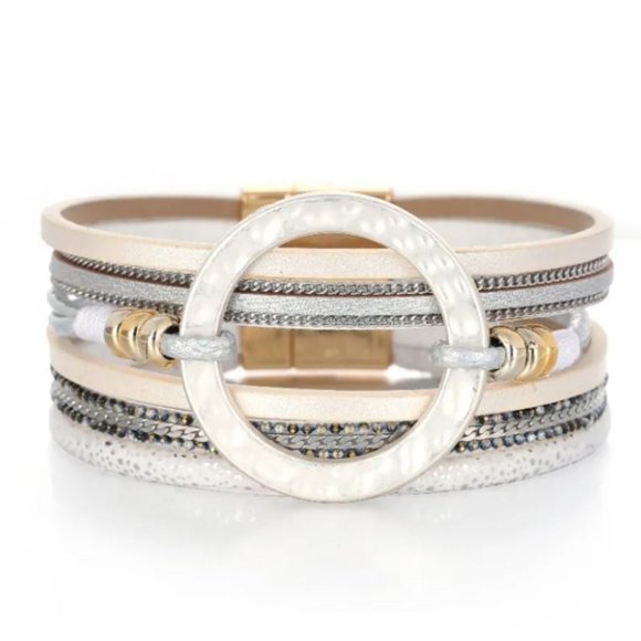 Bohemian White Silver Tone Circle Pendant Magnetic Bracelet - Picture 5 of 5